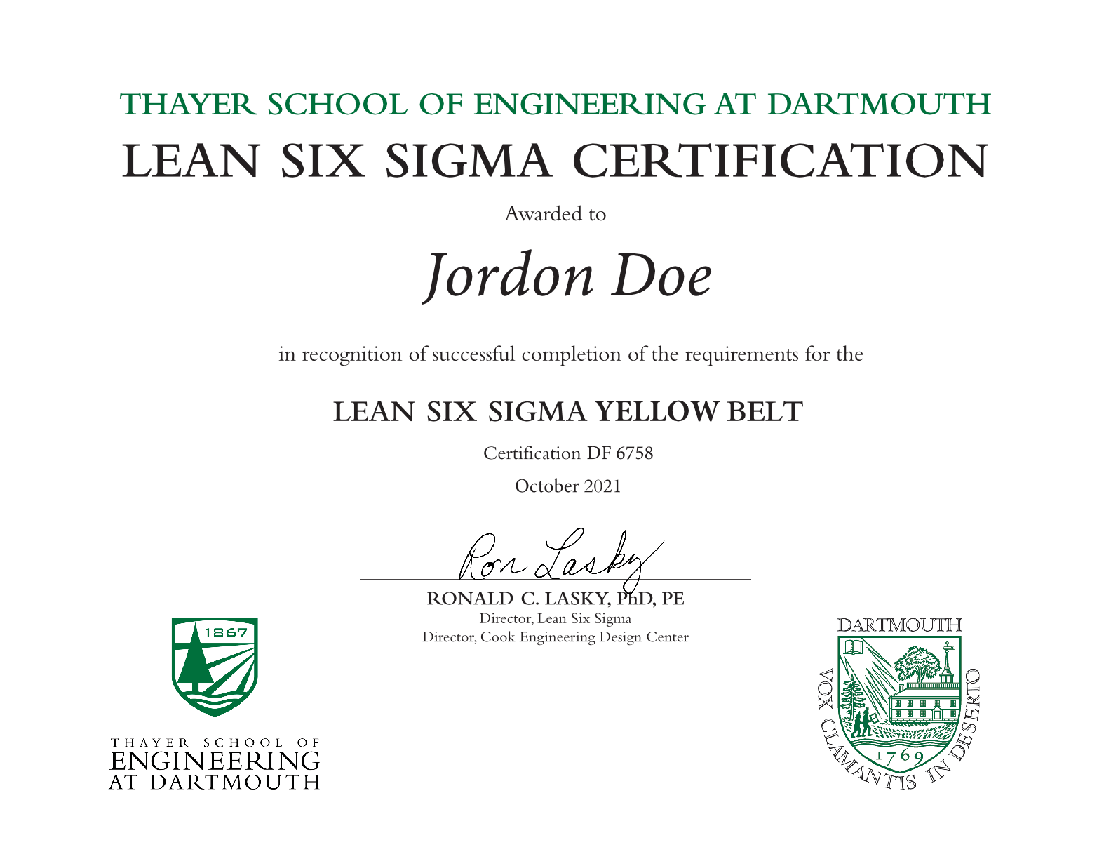 Thayer School of Engineering at Dartmouth Lean Six Sigma Yellow Certification Certificate